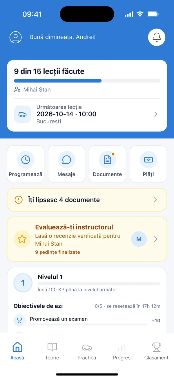 Ecranul principal al aplicației: lecțiile făcute, instructorul și următoarea lecție