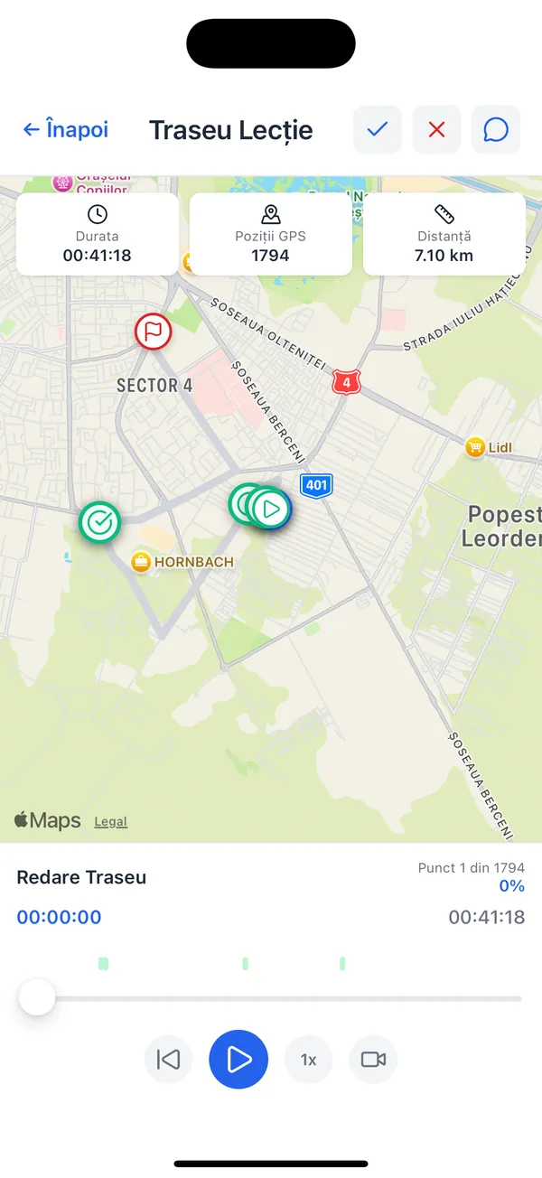 Reluarea unei lecții în aplicație: traseul GPS pe hartă și momentele marcate de instructor