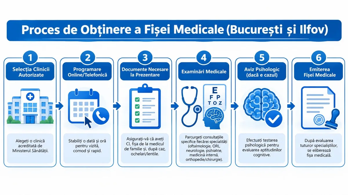 Procesul de obținere a fișei medicale în București, de la alegerea clinicii autorizate până la eliberarea documentului.